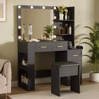 Tavolo da Trucco Illuminato con Specchio, Sgabello, Presa di Corrente e 5 Cassetti