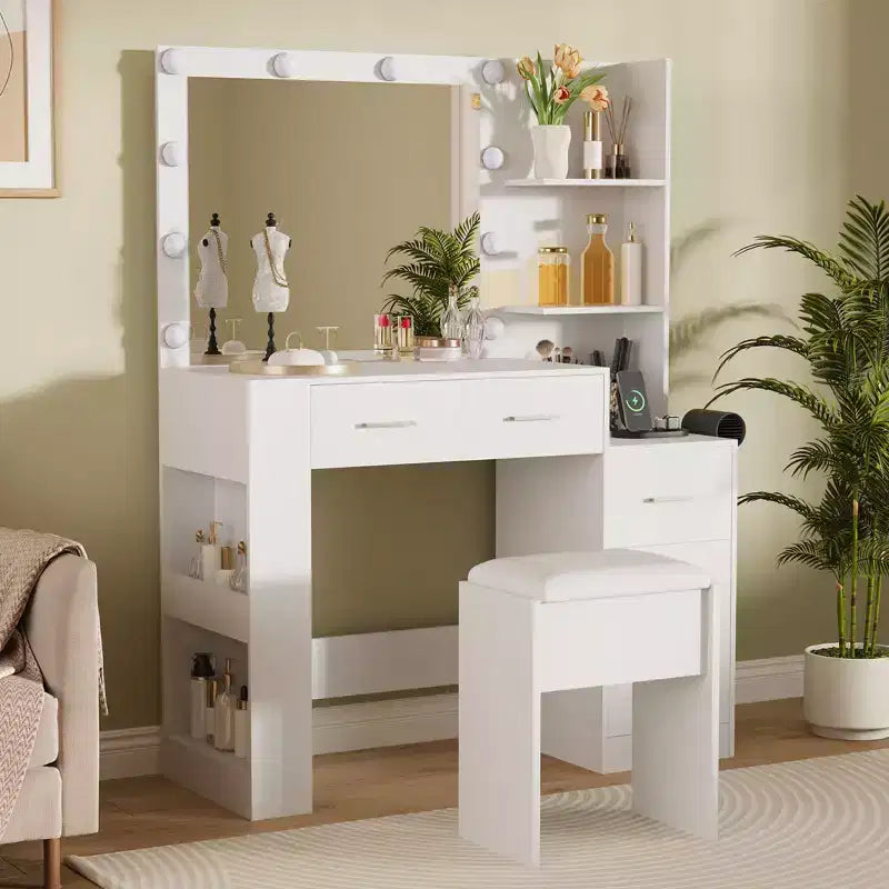 Lighted Makeup Vanity Table with Mirror, Stool, Power Outlet, and 5 Drawers