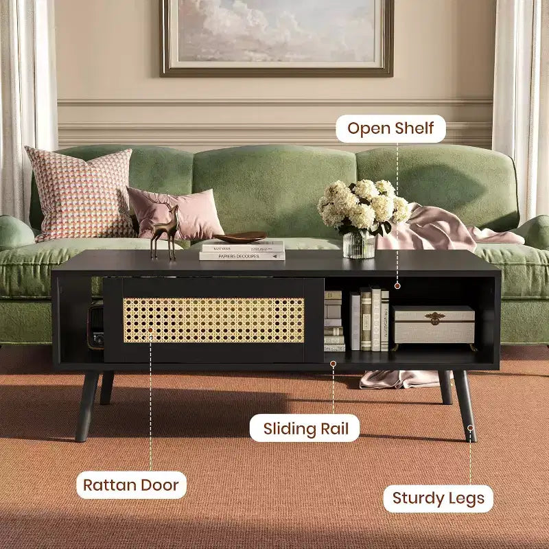 Boho Wood Coffee Table with Sliding Rattan Doors and Hidden Storage Shelf
