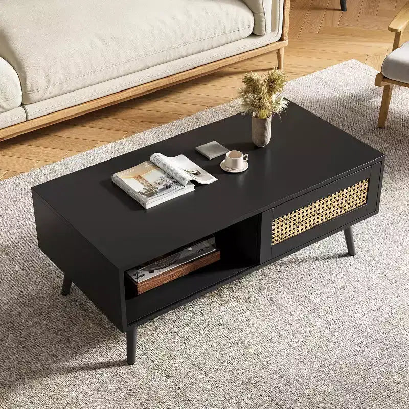 Boho Wood Coffee Table with Sliding Rattan Doors and Hidden Storage Shelf