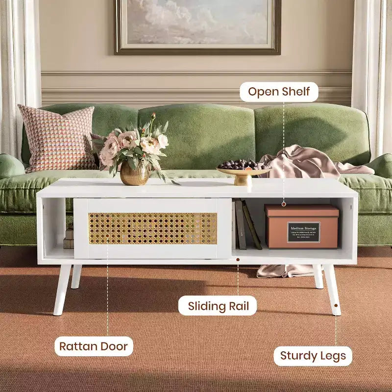 Boho Wood Coffee Table with Sliding Rattan Doors and Hidden Storage Shelf