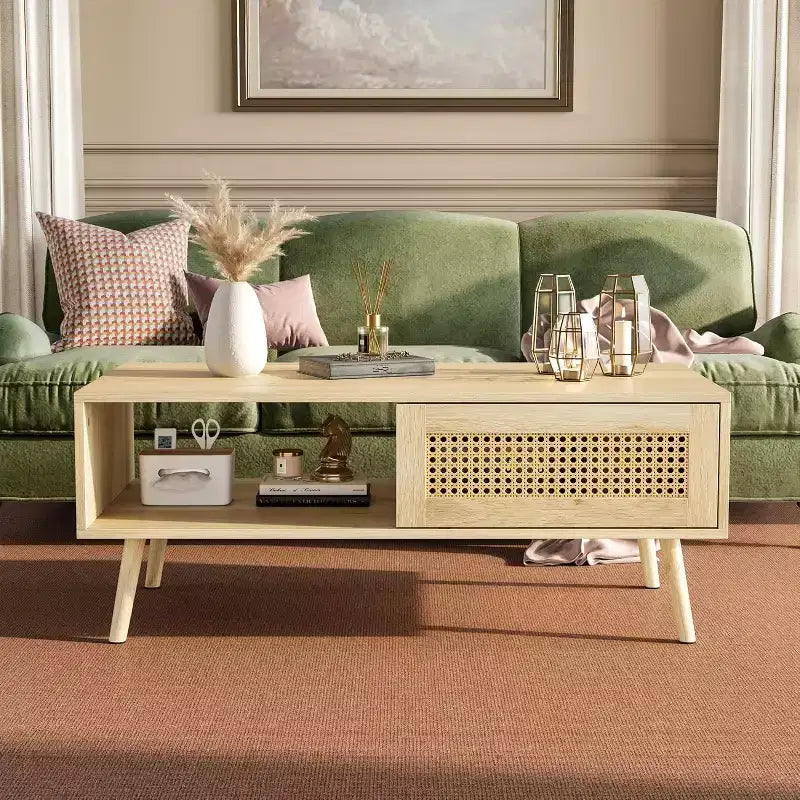 Boho Wood Coffee Table with Sliding Rattan Doors and Hidden Storage Shelf