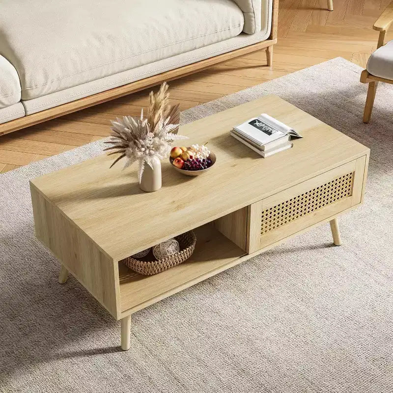 Boho Wood Coffee Table with Sliding Rattan Doors and Hidden Storage Shelf