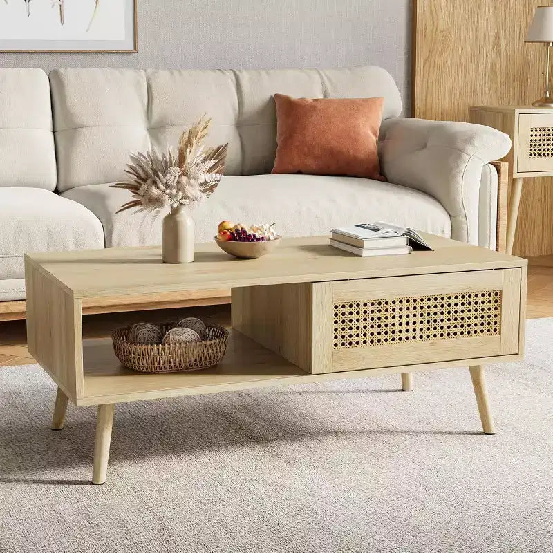 Boho Wood Coffee Table with Sliding Rattan Doors and Hidden Storage Shelf