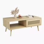 Boho Wood Coffee Table with Sliding Rattan Doors and Storage Shelf, Mid Century Center Table with Hidden Compartments for Living Room Bedroom