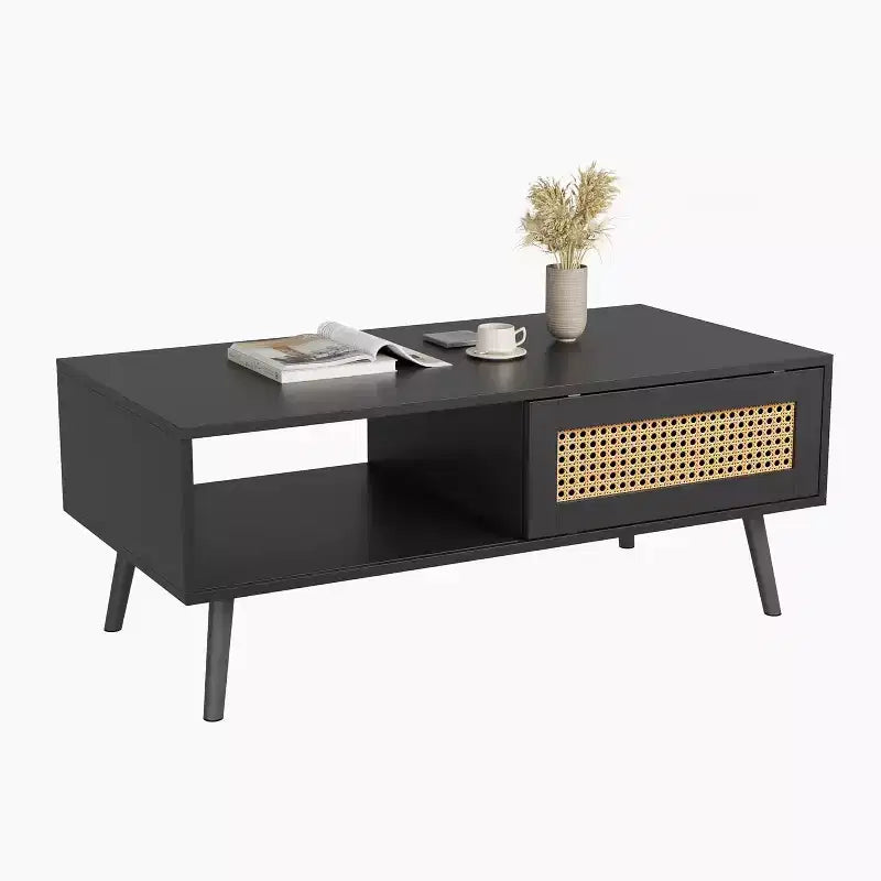 Boho Wood Coffee Table with Sliding Rattan Doors and Hidden Storage Shelf