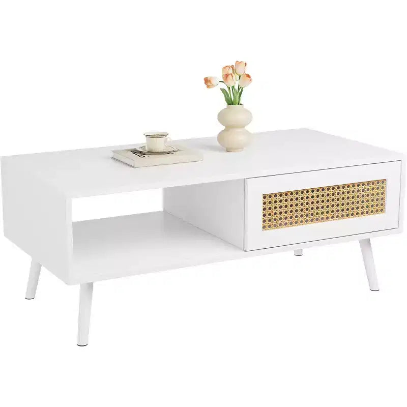 Boho Wood Coffee Table with Sliding Rattan Doors and Hidden Storage Shelf