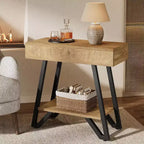 Lantine End Side Table: Narrow design with storage shelves, suitable for living room, bedroom, small spaces; natural finish.