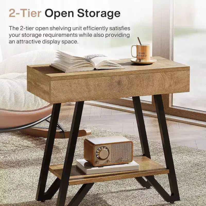 Narrow End Side Table with Storage Shelves in Natural Wood Finish
