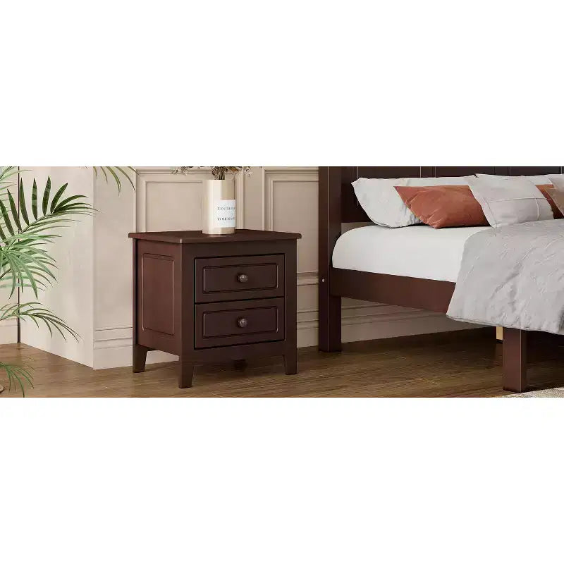 Mid-Century Modern Solid Wood Nightstand with LED Night Light and 2 Drawers