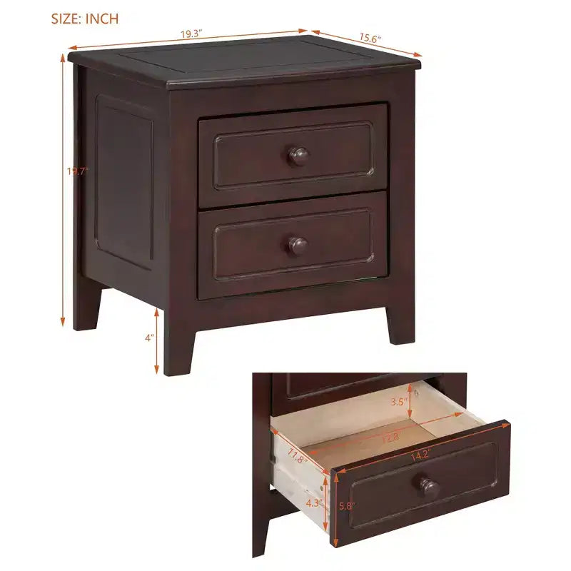 Mid-Century Modern Solid Wood Nightstand with LED Night Light and 2 Drawers