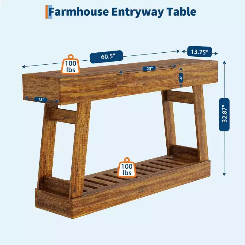 60-Inch Narrow Console Table with Drawer and 2-Tier Slatted Shelf