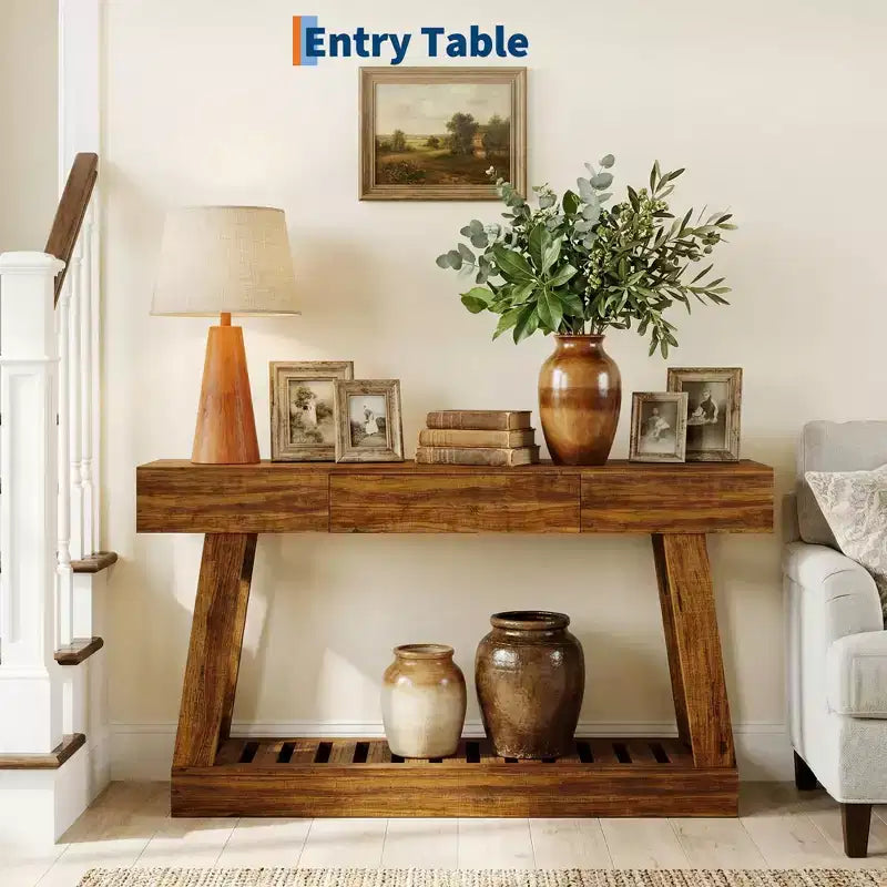 60-Inch Narrow Console Table with Drawer and 2-Tier Slatted Shelf