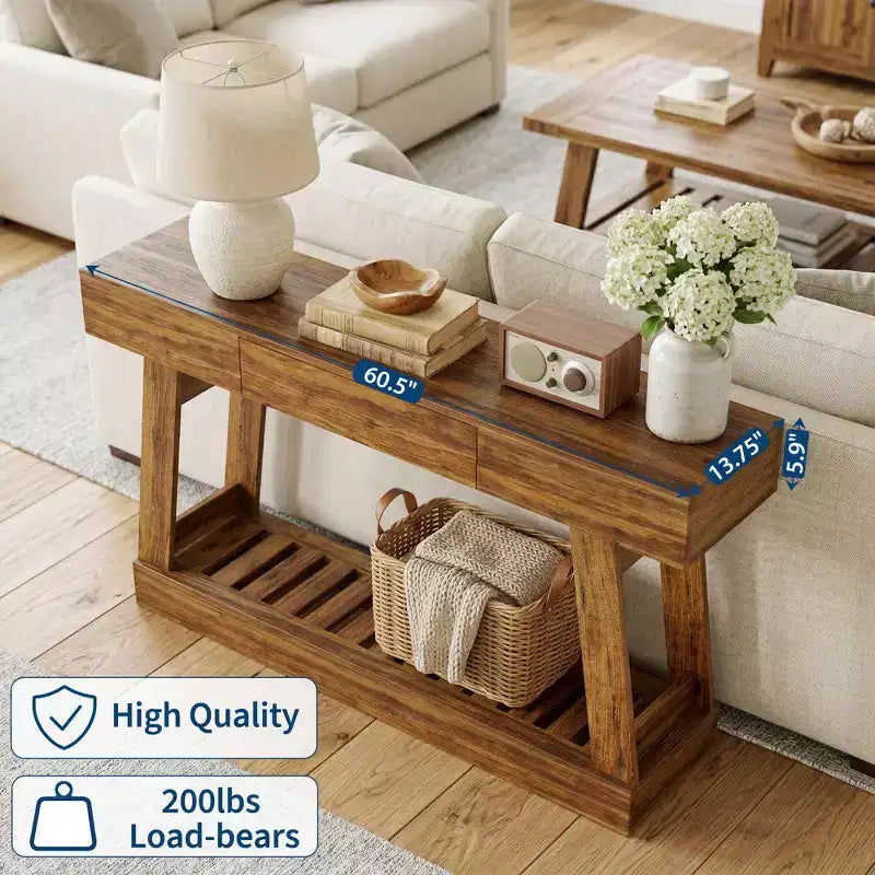 60-Inch Narrow Console Table with Drawer and 2-Tier Slatted Shelf