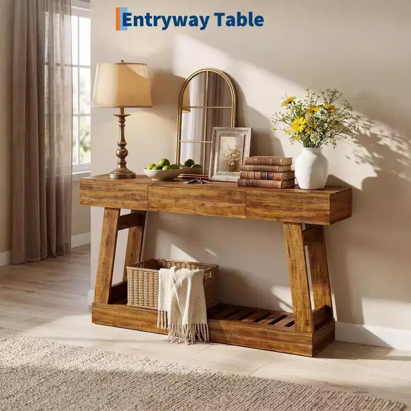 60-Inch Narrow Console Table with Drawer and 2-Tier Slatted Shelf