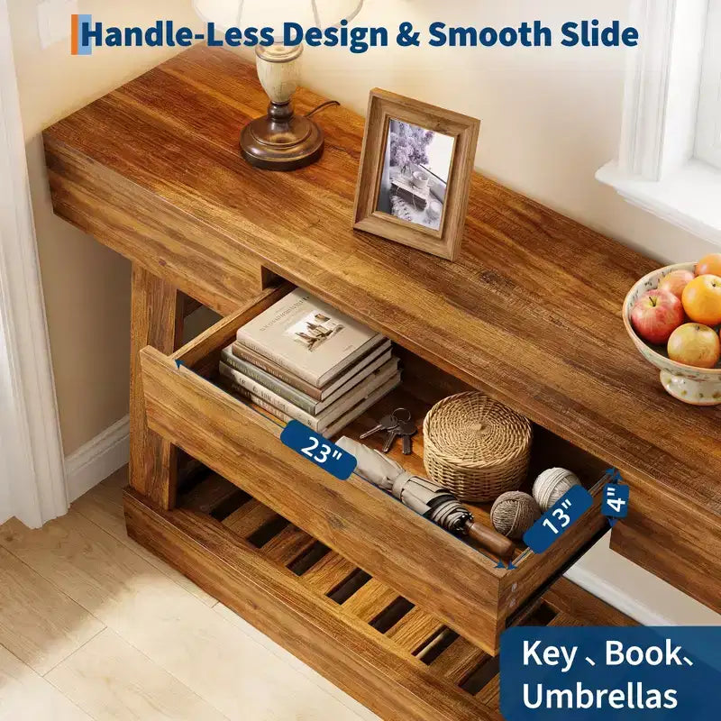 60-Inch Narrow Console Table with Drawer and 2-Tier Slatted Shelf