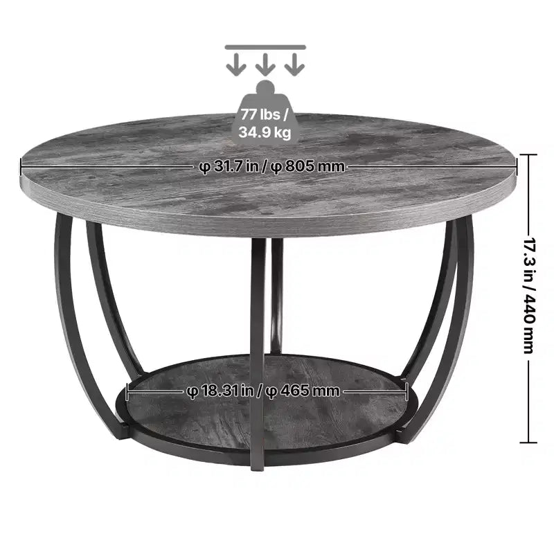 Modern Round 2-Tier Coffee Table with Open Storage and Metal Frame