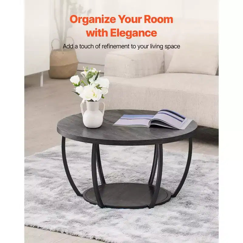 Modern Round 2-Tier Coffee Table with Open Storage and Metal Frame