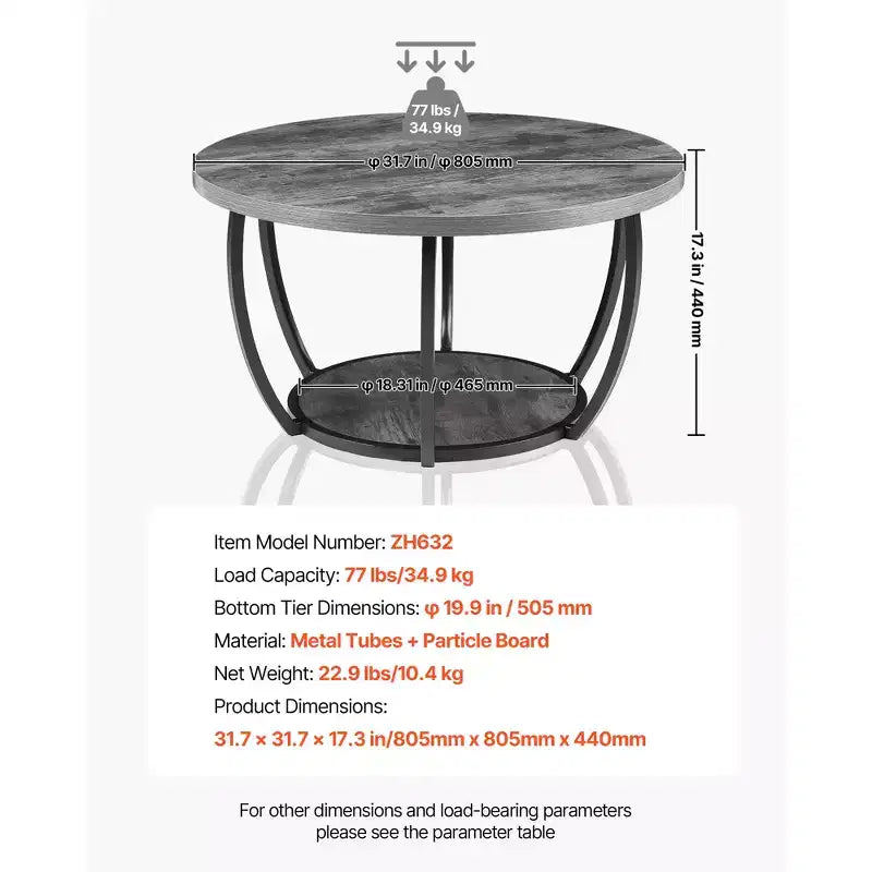 Modern Round 2-Tier Coffee Table with Open Storage and Metal Frame