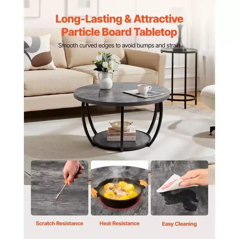 Modern Round 2-Tier Coffee Table with Open Storage and Metal Frame