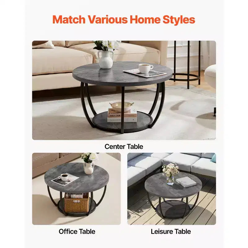 Modern Round 2-Tier Coffee Table with Open Storage and Metal Frame