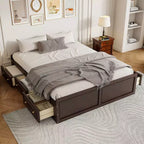 Letto matrimoniale Queen in legno con base a piattaforma e 6 cassetti, finitura espresso, non richiede materasso a molle