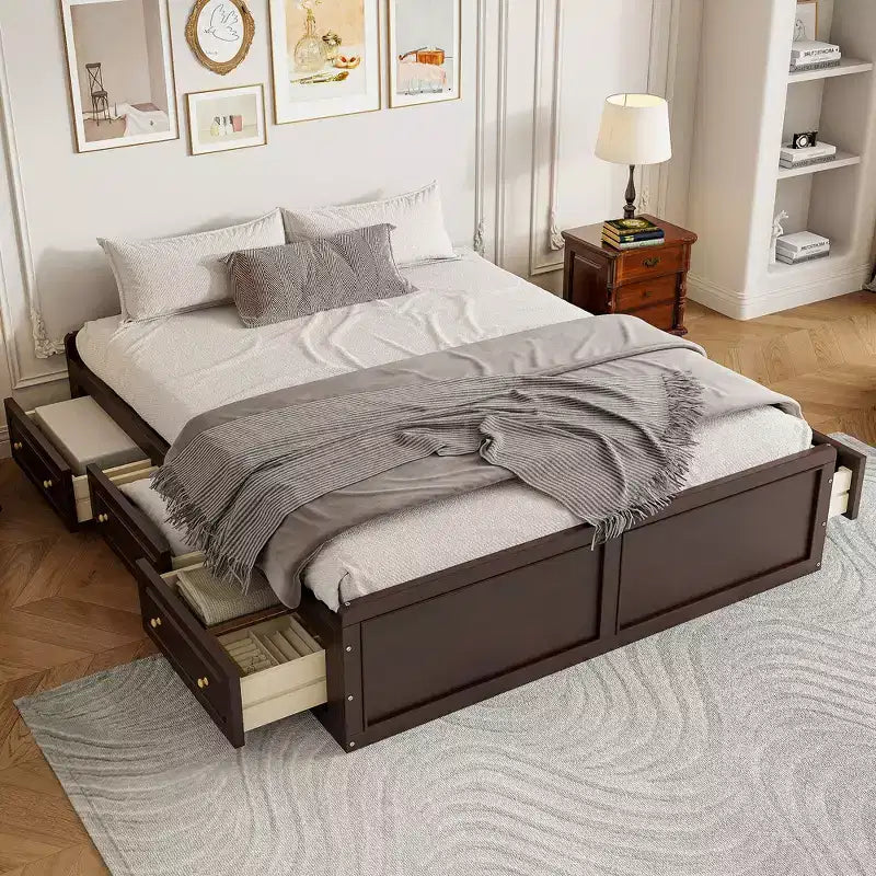Queen Size Wood Platform Bed with 6 Storage Drawers in Espresso, No Box Spring Required