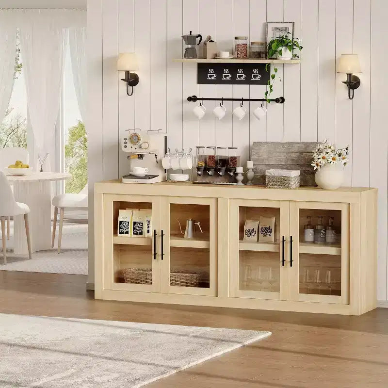 Farmhouse Sideboard Buffet Cabinet with 4 Glass Doors for Hallway, Kitchen, and Living Room