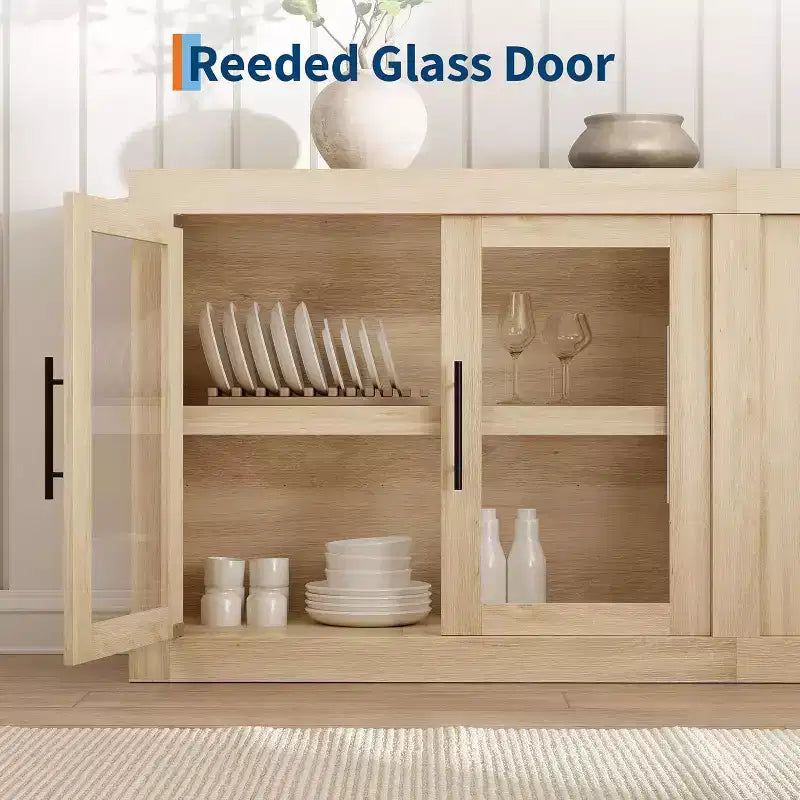 Farmhouse Sideboard Buffet Cabinet with 4 Glass Doors for Hallway, Kitchen, and Living Room