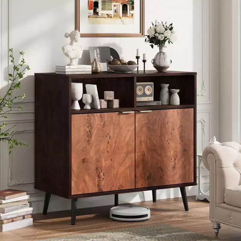 31.5-Inch Walnut and Burl Compact Accent Storage Cabinet for Dining Room, Living Room, or Entryway