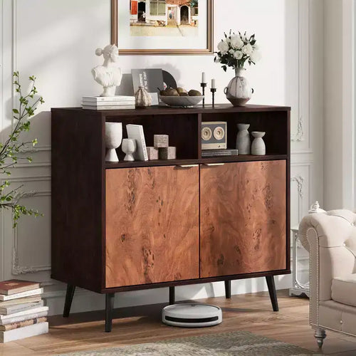 31.5-Inch Walnut and Burl Compact Accent Storage Cabinet for Dining Room, Living Room, or Entryway