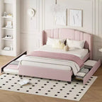 Queen Upholstered Platform Bed with Wingback Headboard, Twin Trundle and 2 Drawers, Pink