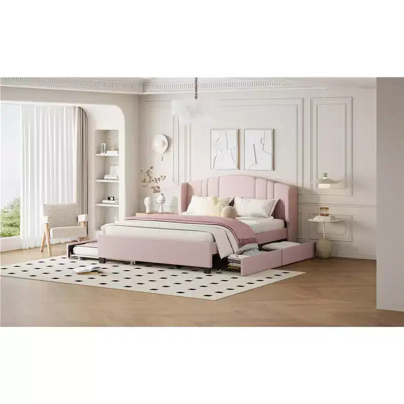 Queen Upholstered Platform Bed with Wingback Headboard, Twin Trundle, and 2 Drawers in Pink