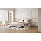 Letto a piattaforma Queen imbottito con testiera ad ali, letto estraibile singolo e 2 cassetti in rosa