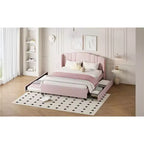 Letto a piattaforma Queen imbottito con testiera ad ali, letto estraibile singolo e 2 cassetti in rosa