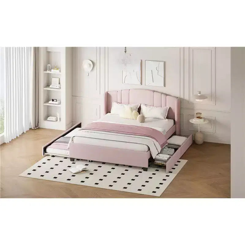 Queen Upholstered Platform Bed with Wingback Headboard, Twin Trundle, and 2 Drawers in Pink