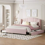 Letto a piattaforma Queen imbottito con testiera ad ali, letto estraibile singolo e 2 cassetti in rosa
