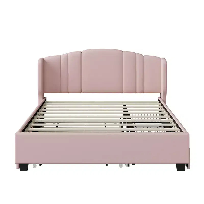 Queen Upholstered Platform Bed with Wingback Headboard, Twin Trundle, and 2 Drawers in Pink