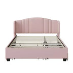 Letto a piattaforma Queen imbottito con testiera ad ali, letto estraibile singolo e 2 cassetti in rosa