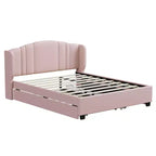 Letto a piattaforma Queen imbottito con testiera ad ali, letto estraibile singolo e 2 cassetti in rosa