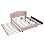 Letto a piattaforma Queen imbottito con testiera ad ali, letto estraibile singolo e 2 cassetti in rosa