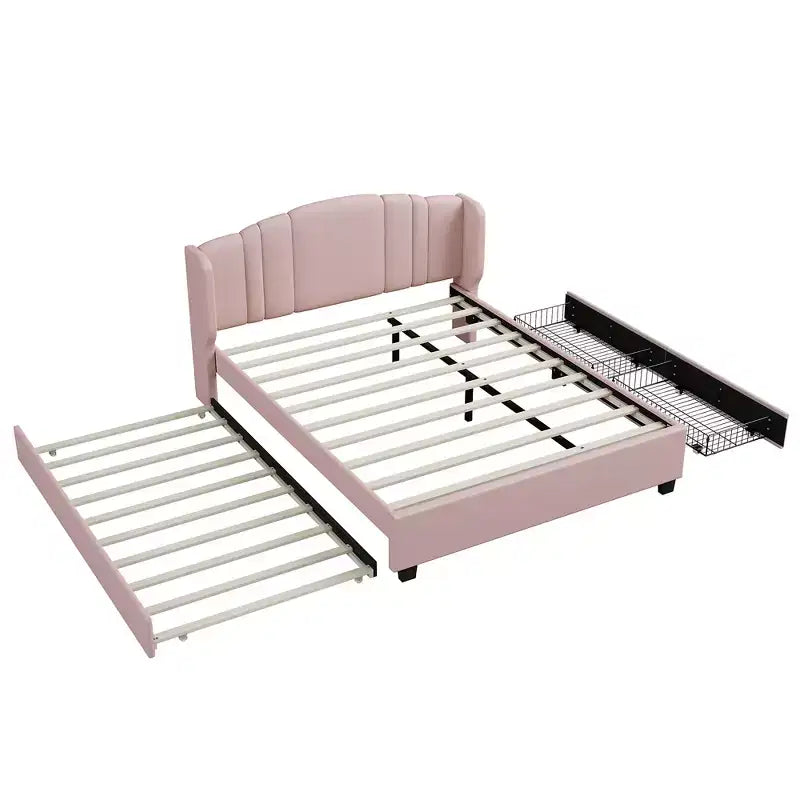 Queen Upholstered Platform Bed with Wingback Headboard, Twin Trundle, and 2 Drawers in Pink