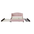 Letto a piattaforma Queen imbottito con testiera ad ali, letto estraibile singolo e 2 cassetti in rosa