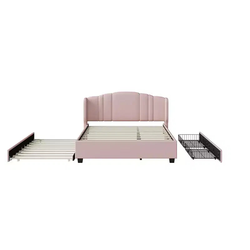 Queen Upholstered Platform Bed with Wingback Headboard, Twin Trundle, and 2 Drawers in Pink