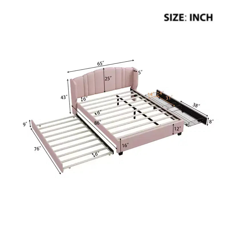 Queen Upholstered Platform Bed with Wingback Headboard, Twin Trundle, and 2 Drawers in Pink