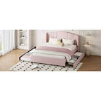 Letto a piattaforma Queen imbottito con testiera ad ali, letto estraibile singolo e 2 cassetti in rosa