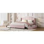 Letto a piattaforma Queen imbottito con testiera ad ali, letto estraibile singolo e 2 cassetti in rosa