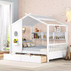 Wooden Full House Bed with 2 Drawers and Storage Shelf for Kids, White