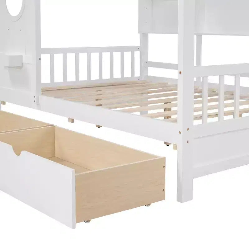 Wooden Full House Bed for Kids with 2 Drawers and Storage Shelf in White