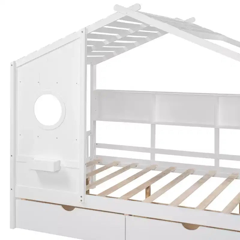 Wooden Full House Bed for Kids with 2 Drawers and Storage Shelf in White